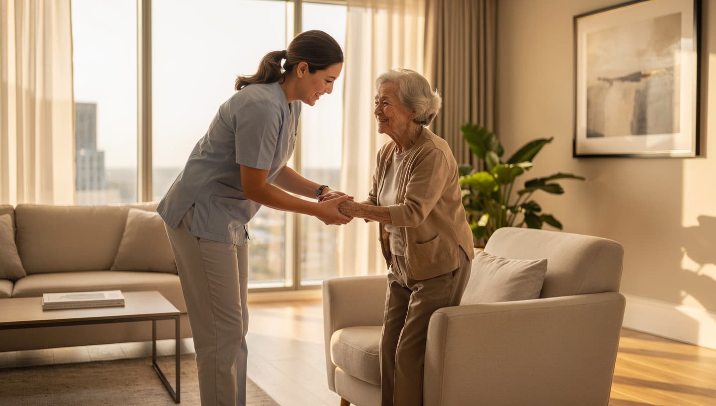 Caregiver comforting an elderly client on the couch at home